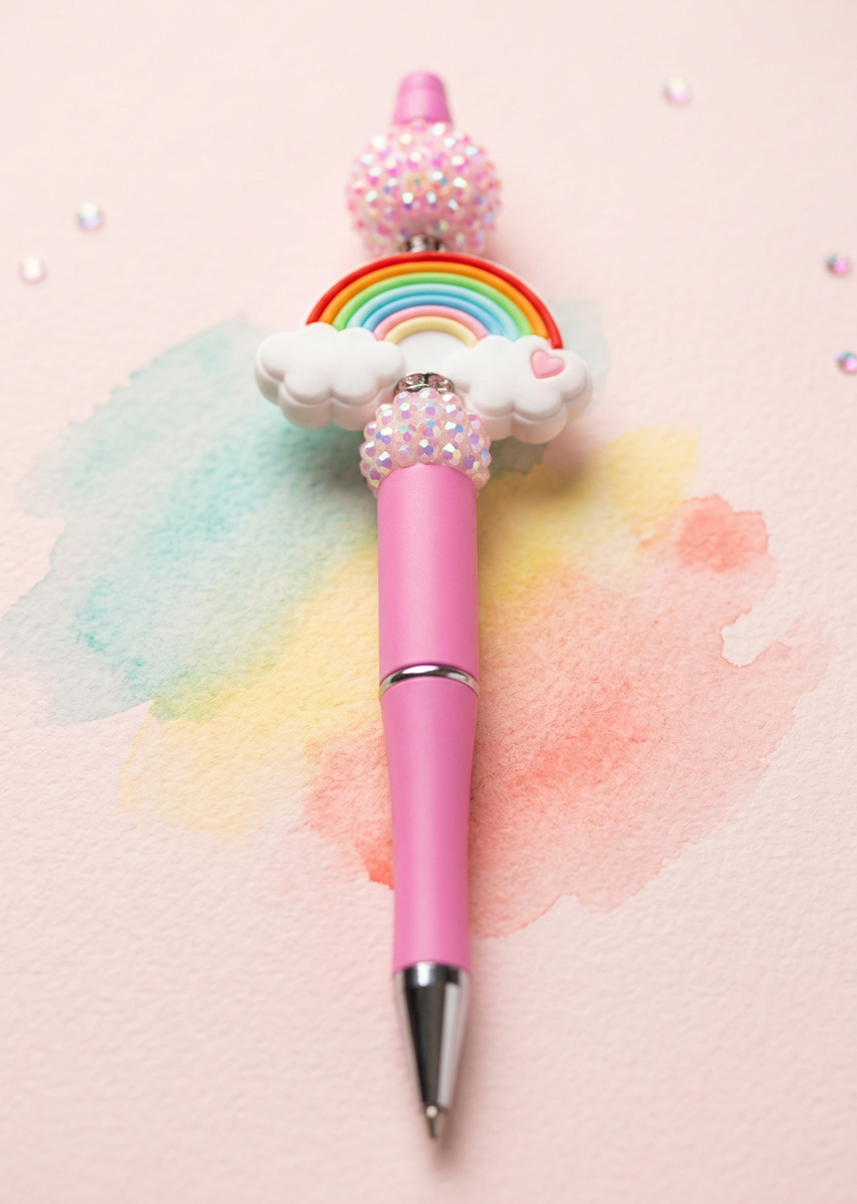 Rainbow Heart Flower Pink and White Striped Bead Pen