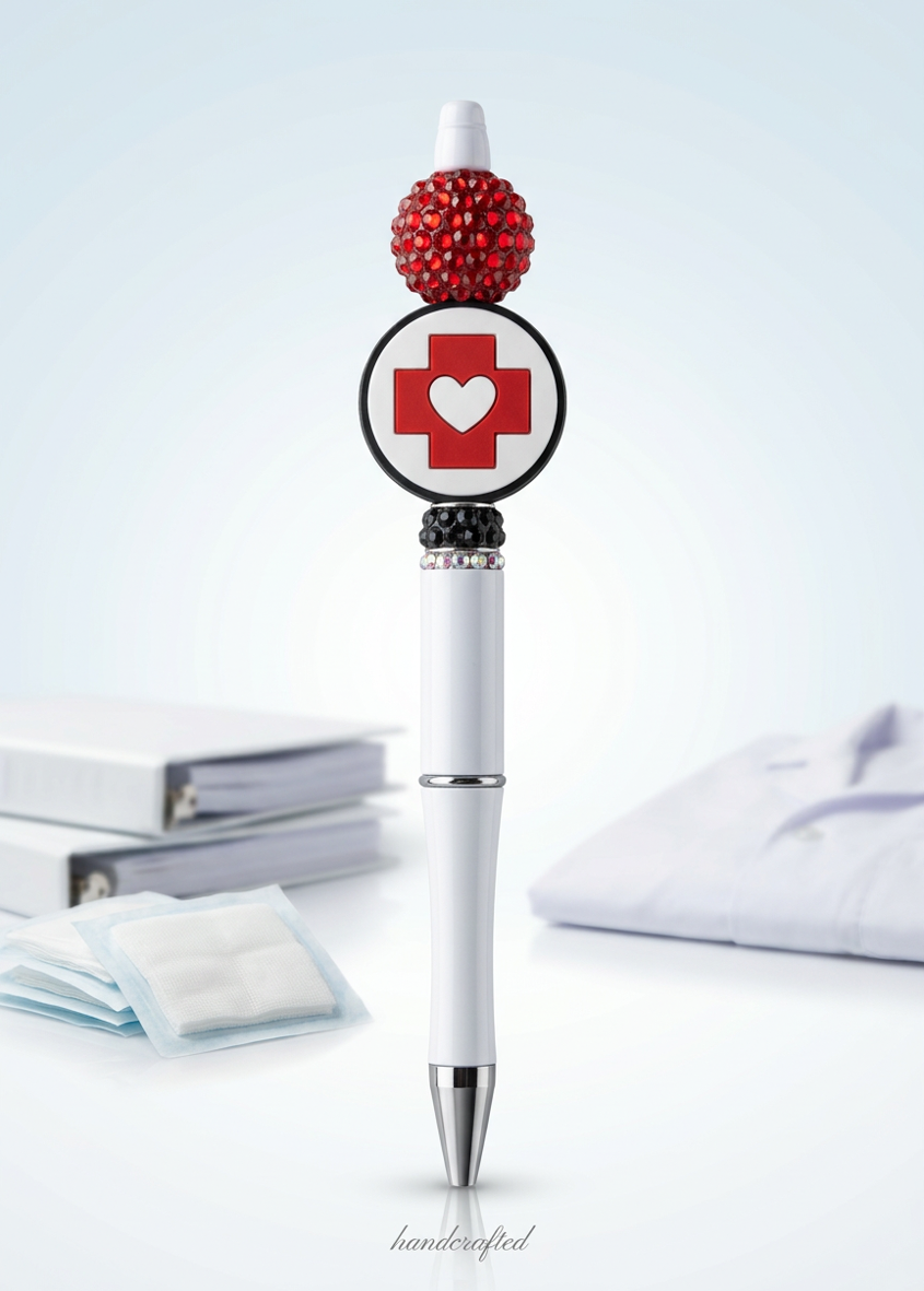 Red Cross White Heart Round Bead Pen