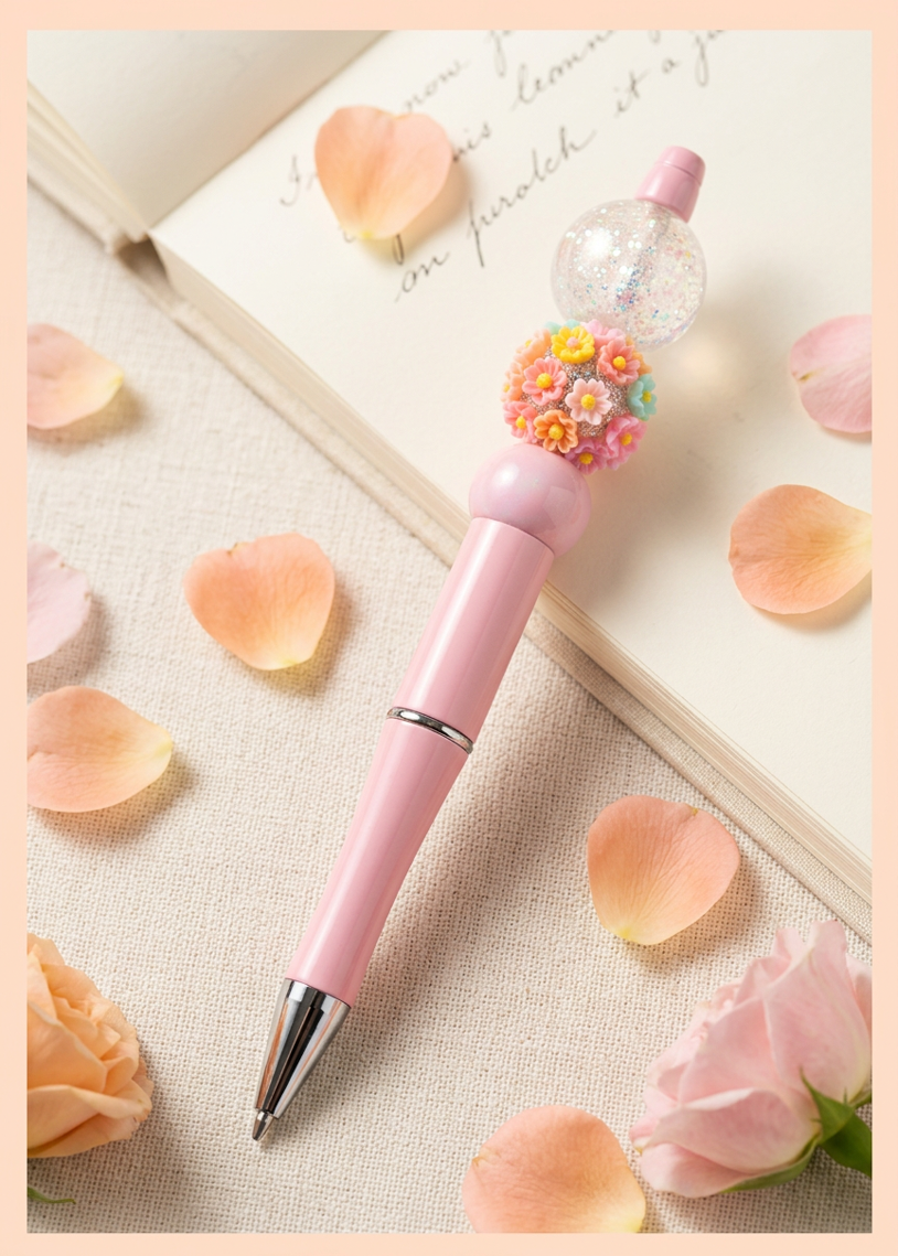 Pink Multicolor Flower Pen with Crackle and Pearl Beads