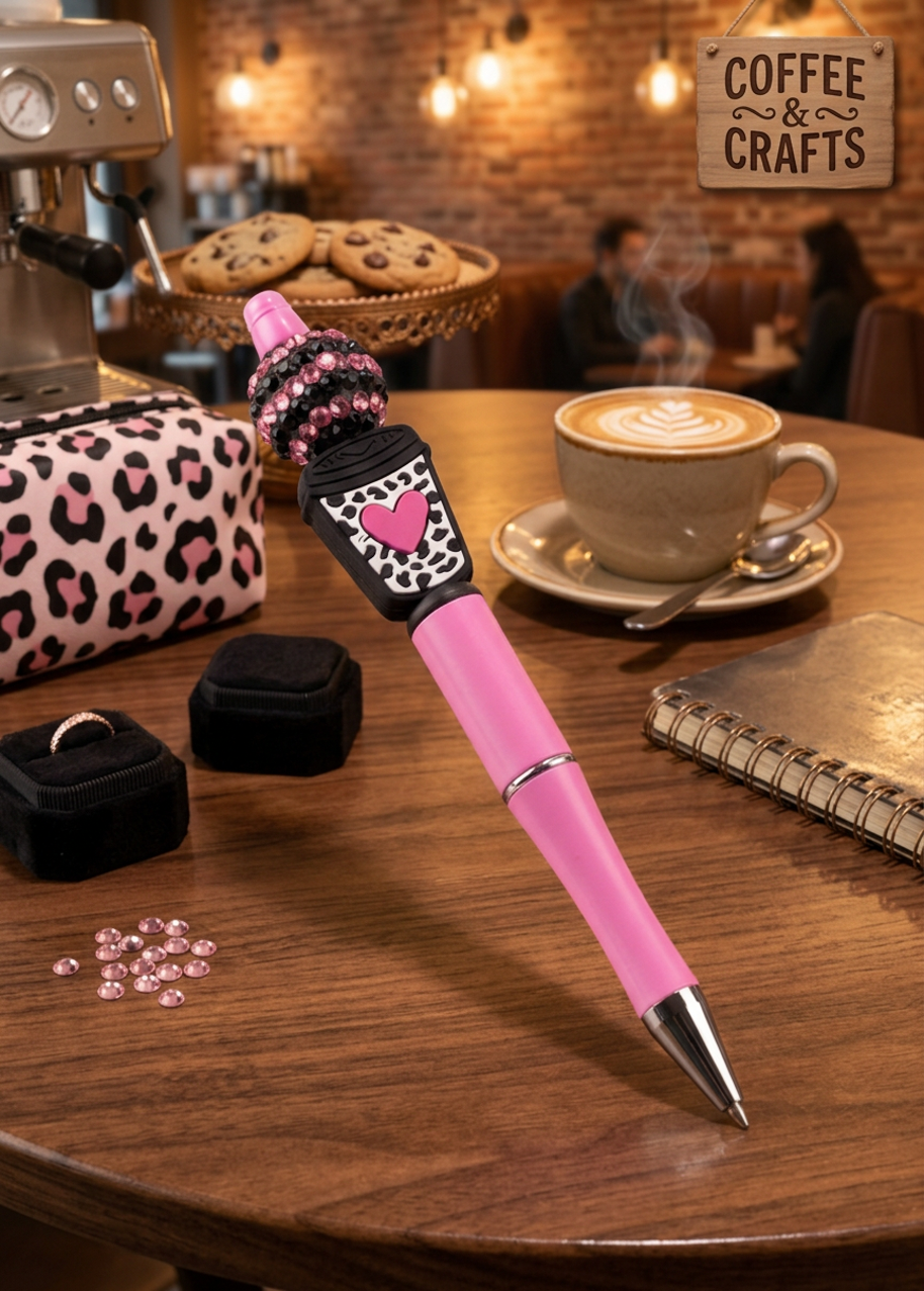 Leopard Print Coffee Cup Pink Heart Pen
