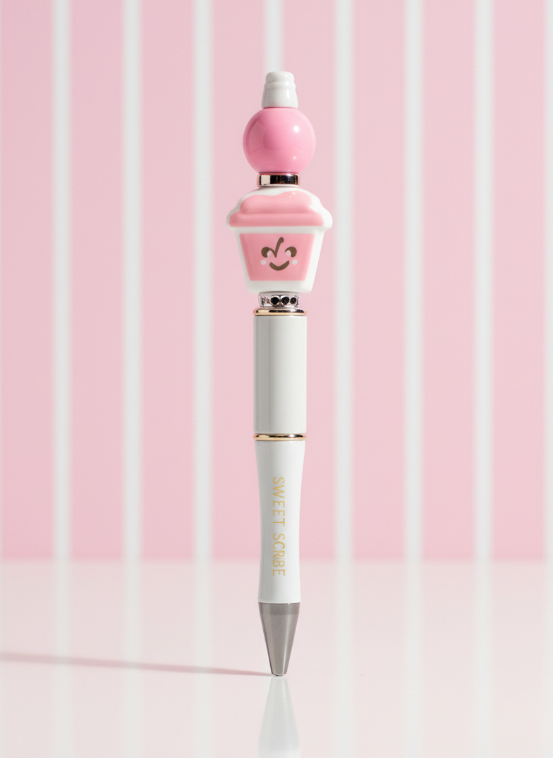 White and Pink Coffee Cup Pen with Rhinestones