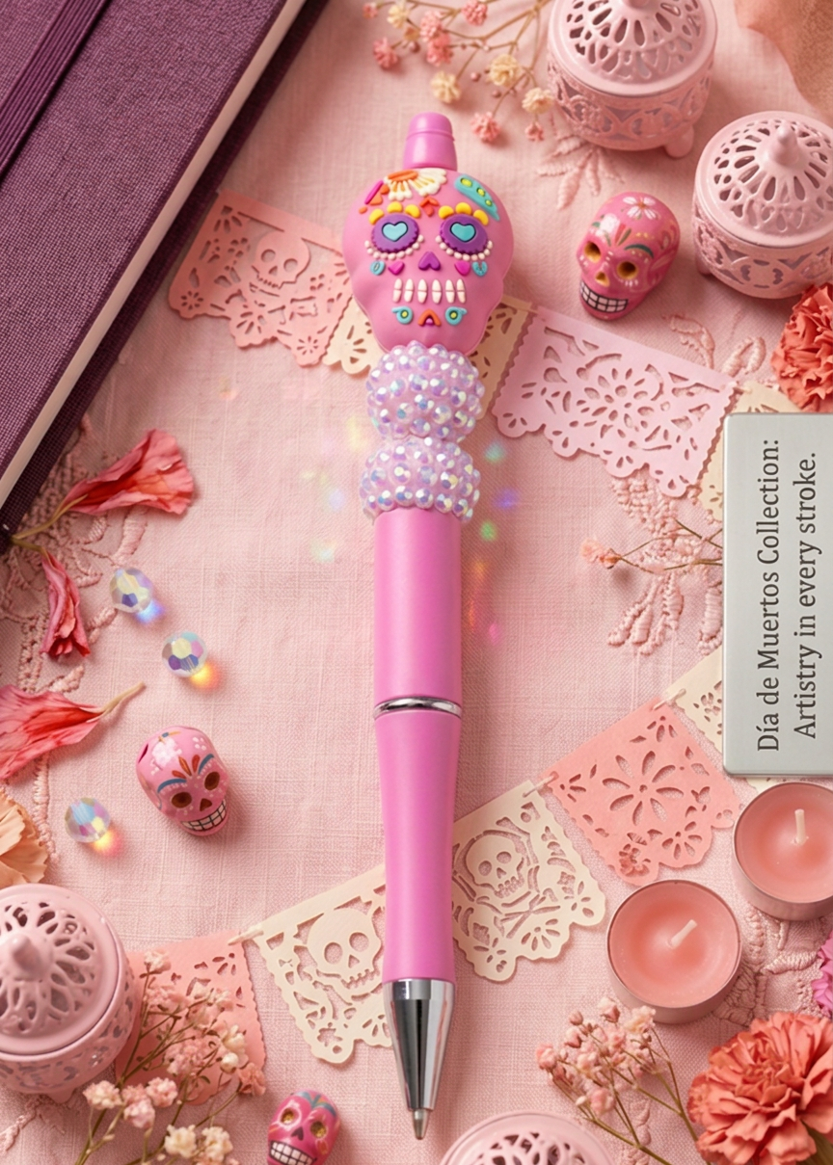 Day of the Dead Pink Pen with Purple Sparkle Beads