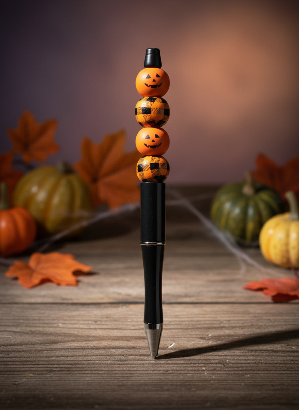 Two Orange Pumpkins Plaid Beads Black Pen