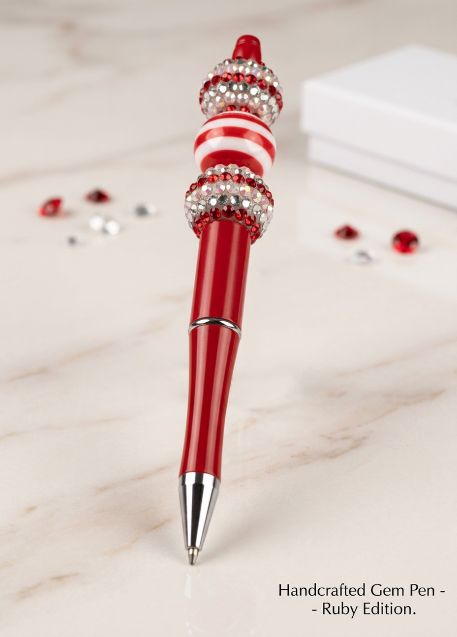 Red and White Striped Three Bead Pen