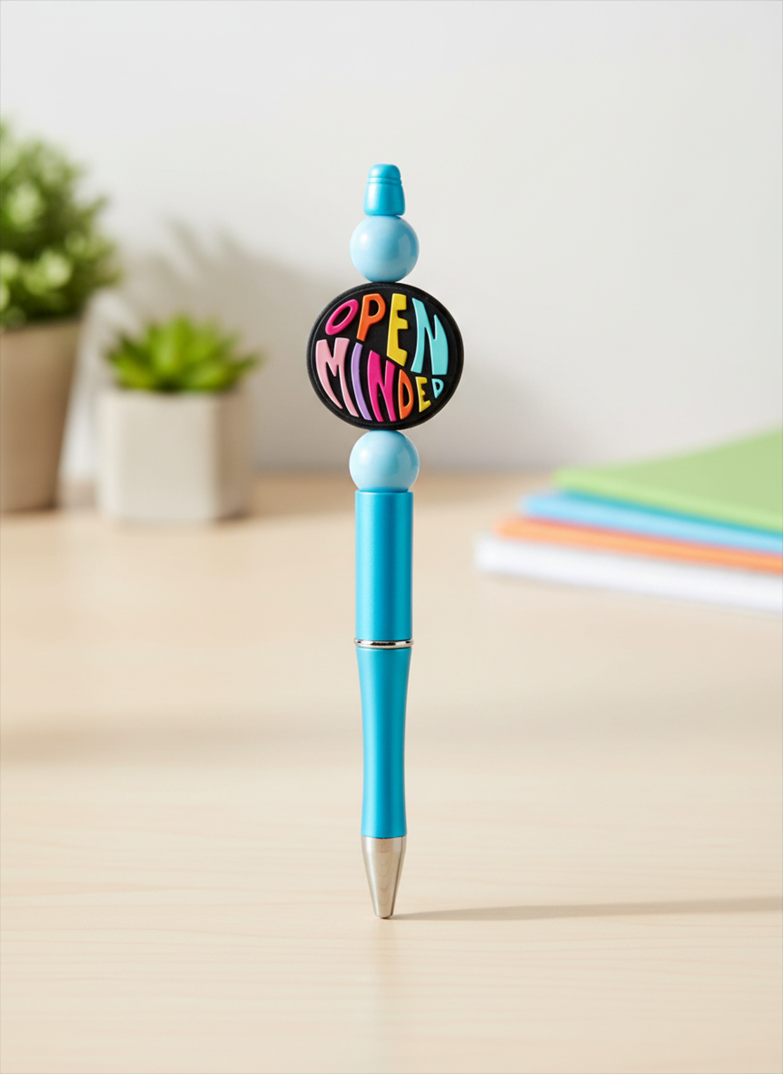 Open Minded Teal Pen with Teal Blue Beads
