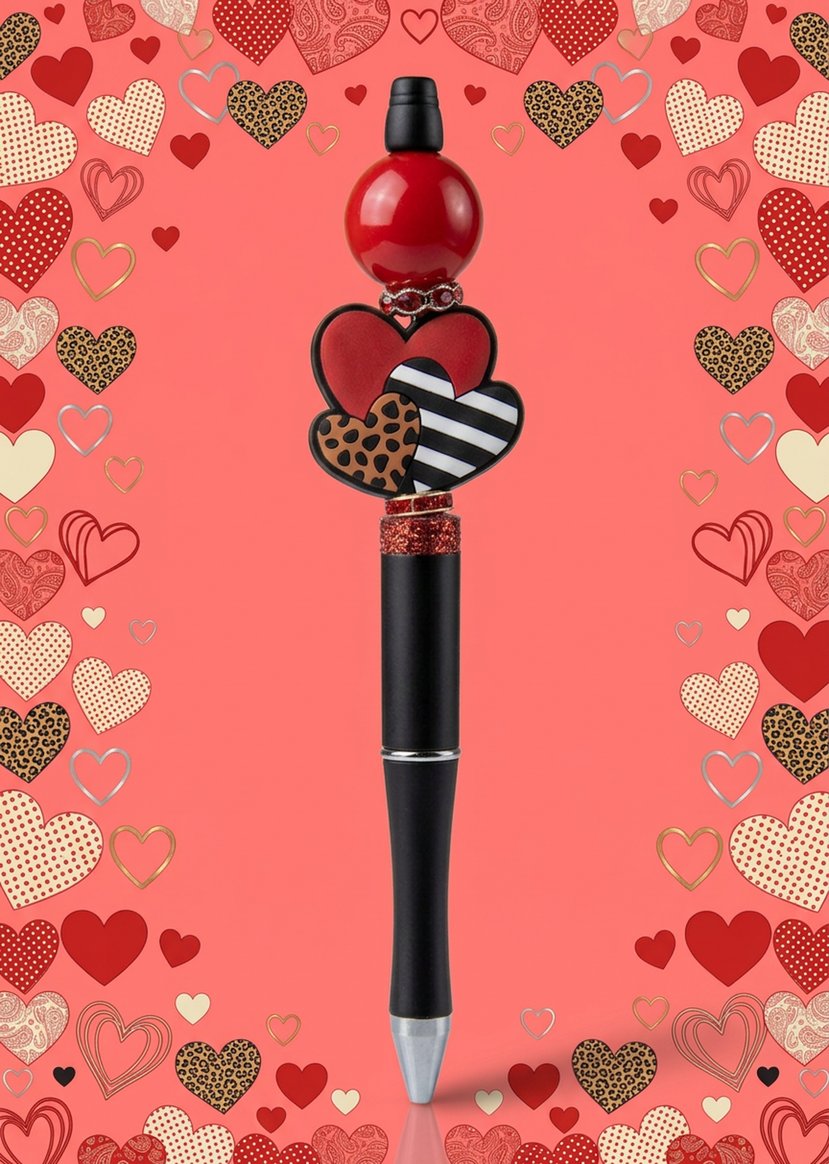 Black Red and White Hearts Valentine Pen