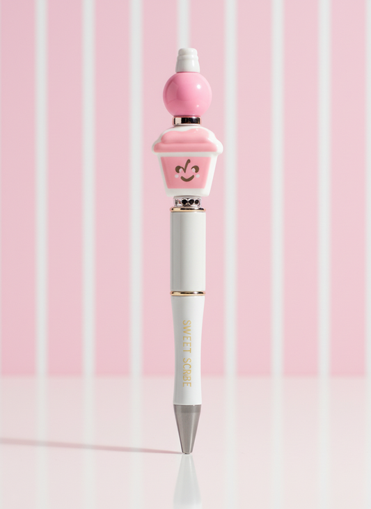 White and Pink Coffee Cup Pen with Rhinestones