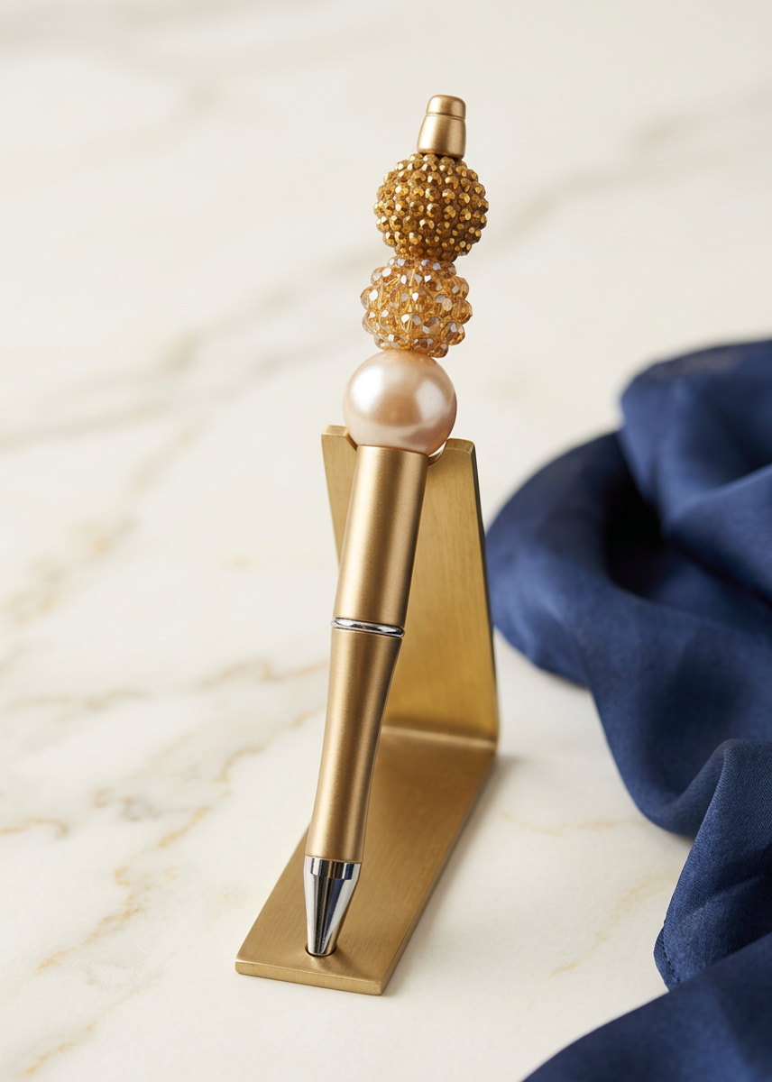 Gold and White Beaded Pen