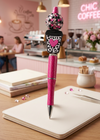Leopard Coffee Cup Pink Heart Pen with Sparkle Bead